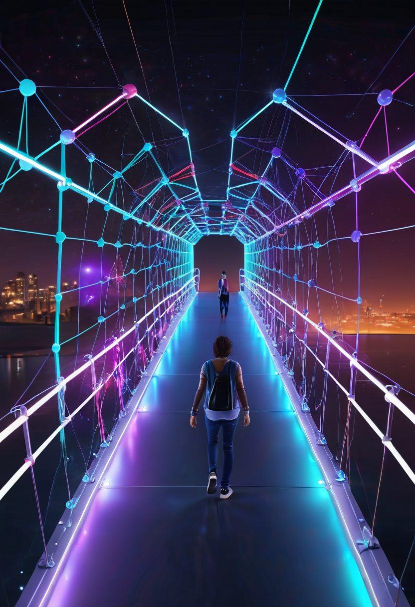 An image depicting a digital bridge connecting multiple podcasts represented as glowing nodes, with people from diverse backgrounds interacting and discovering new content. The background should illustrate a vibrant virtual world with podcasts covering various topics floating around, visually linking community and discoverability. futuristic aesthetic. 3D rendering. vibrant colors. high-tech vibe.