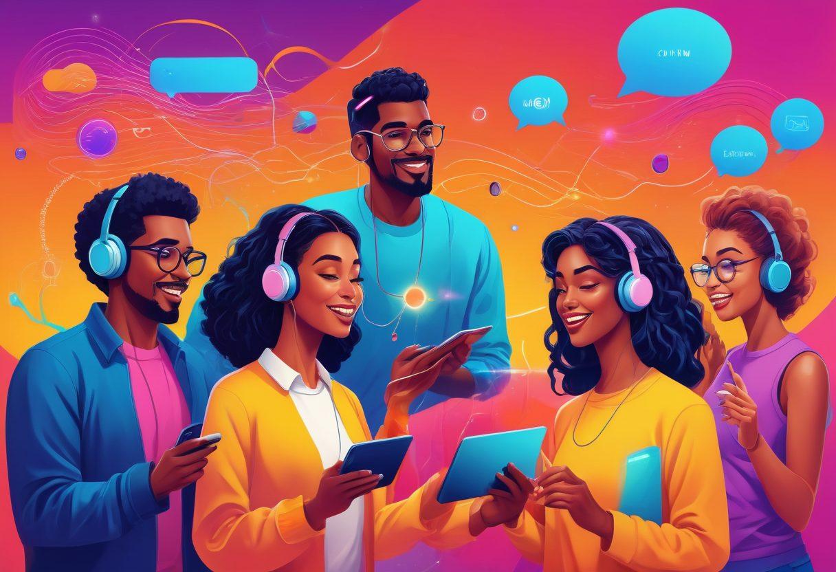 A dynamic scene featuring diverse individuals exchanging podcast bubbles filled with vibrant soundwaves, set against a tech-savvy background showcasing interconnected digital devices. Elements of excitement and discovery are emphasized. Vector art. Vibrant colors. Futuristic style.