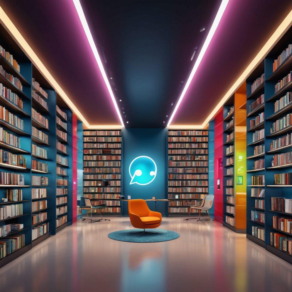 A vibrant, modern library filled with sleek shelves of colorful digital media icons symbolizing podcasts, music, and audiobooks. In the center, illustrate lively characters swapping audio files seamlessly via high-tech devices. Incorporate elements of networking, connectivity, and digital excitement. super-realistic. vibrant colors. futuristic design.